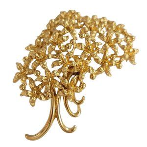 Monet Gold Tone Cluster Flower Bunch With Ribbon Bow Tie Brooch Pin, Signed K941